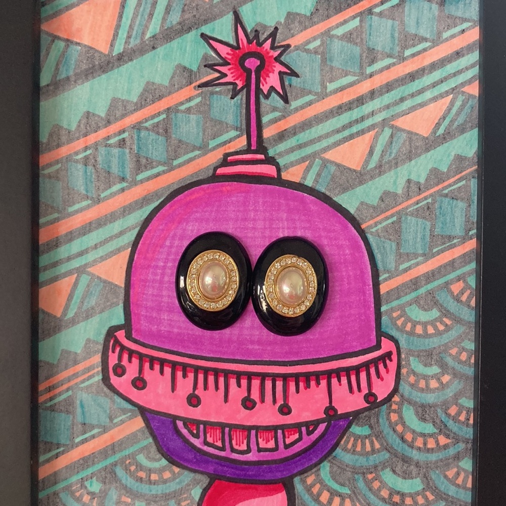 Costume Jewelry Vintage Earrings Holder Original Sharpie Robot Artwork by Rozine - Picture 2 of 6